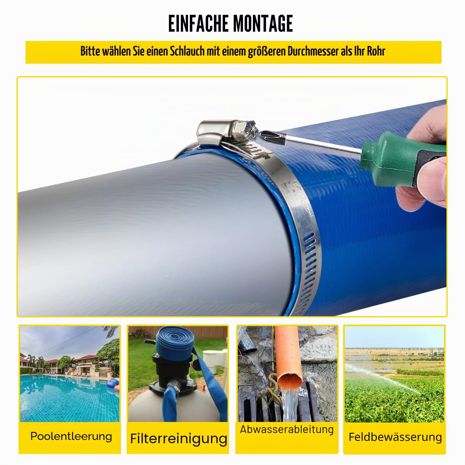 VEVOR Abflussschlauch, 1-1/2" x 105', PVC-Gewebe-Flachschlauch, robuster Rückspül-Ablaufschlauch mit Klemmen, wetterfest und platzsicher, ideal für Schwimmbad und Wassertransfer, blau