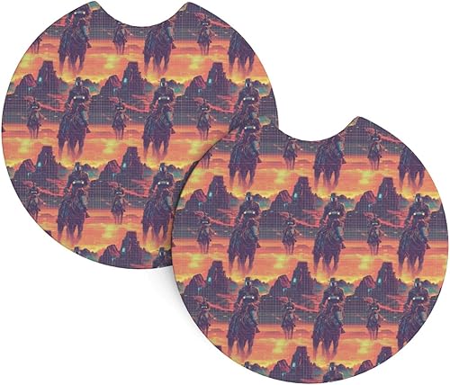 2Pcs Car Coasters for Women Men - Cyber Retro Western Cowboy Print 2.7 Inch Car Cup Coasters, Universal Non-Slip Silicone Auto Mug Mats Recessed