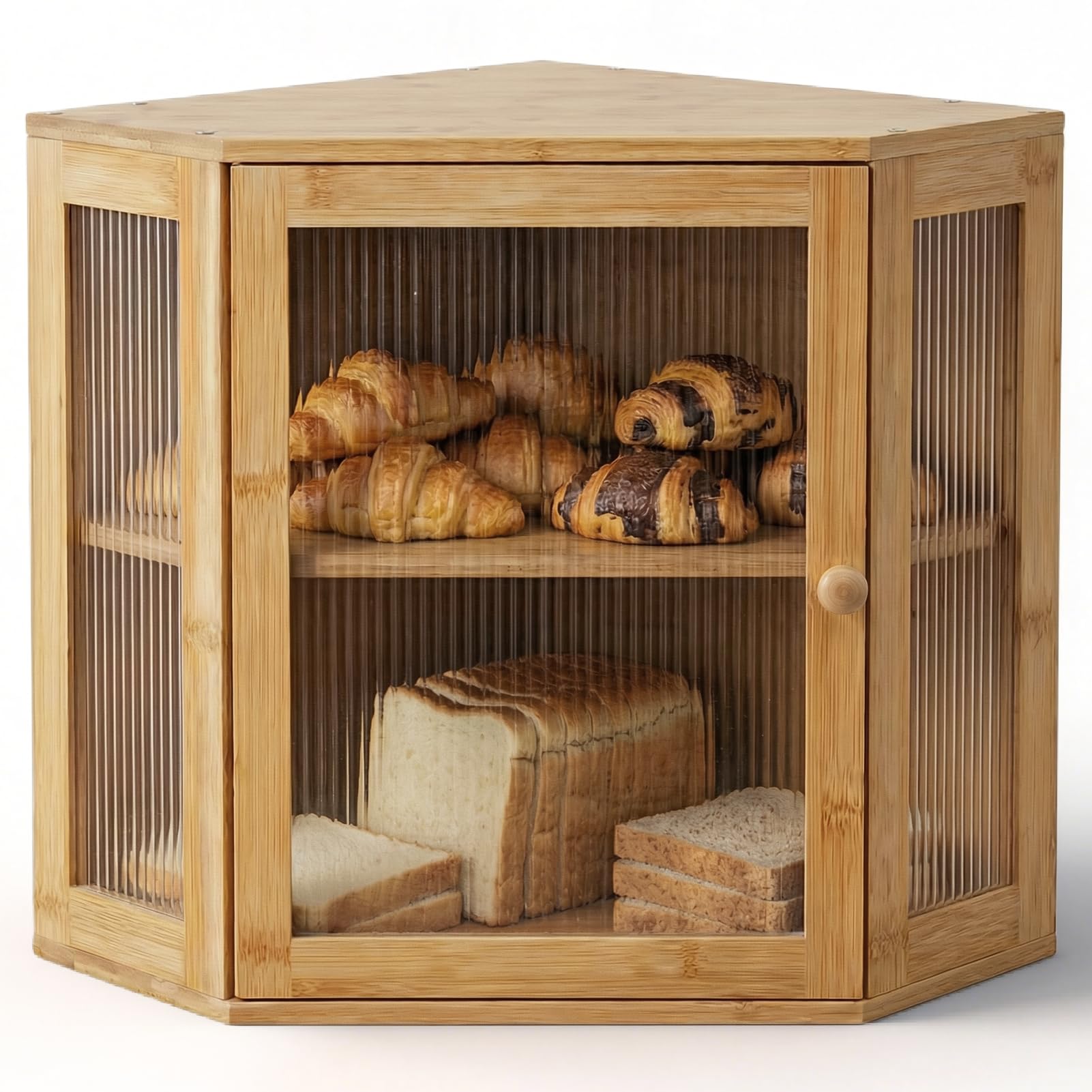 Photo 1 of TIRYIUOU Corner Bread Box for Kitchen Countertop: Bamboo Storage Container for Homemade Bread, Two Layer Breadbox under Cabinet Mount, Large Bread Holder for Kitchen Counter, Pantry Shelf
