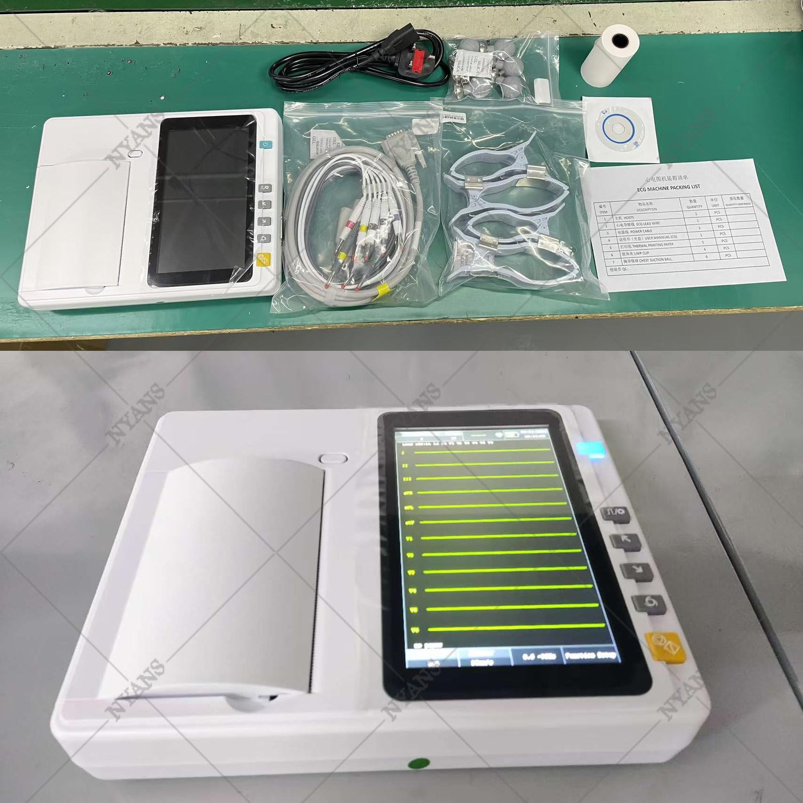 NYANS Monitor Cardiaco ECG Portatile con Schermo LCD a Colori da 7 Pollici, 12 Derivazioni, 3 Canali, per Il Monitoraggio dei Parametri Vitali