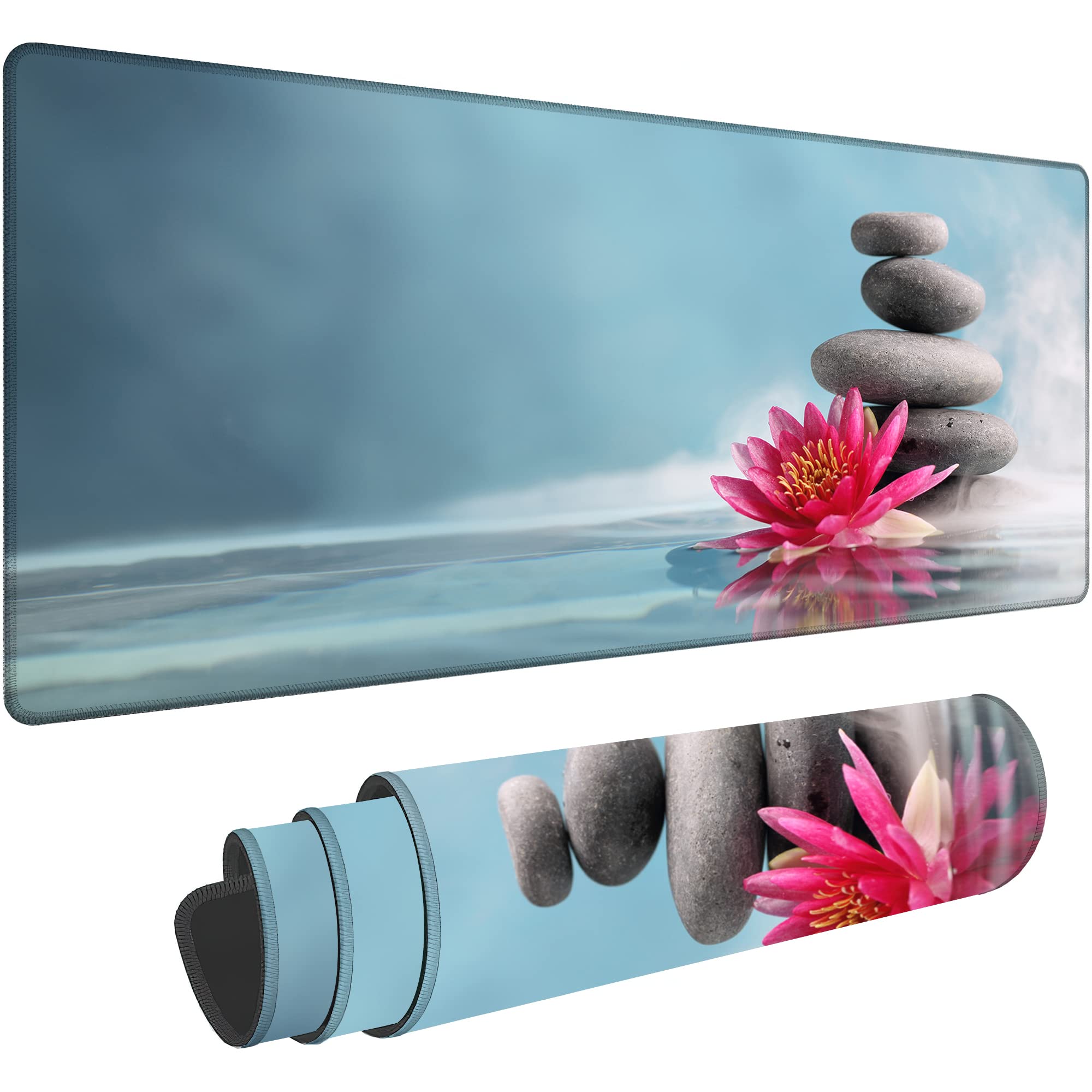 Zen Stone Spa Gaming Desk Mat Large,Water Lily Extended Mousepad,Non-Slip Rubber Mouse Pad Stitched Edges,Desktop Decorative Accessories for Home Office 31.5" x 15.7"