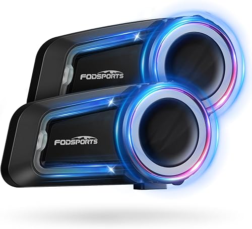 Fodsports FX7 10-Rider - Auriculares de intercomunicación Bluetooth para motocicleta, control de aplicación manos libres, sistema de comunicación de