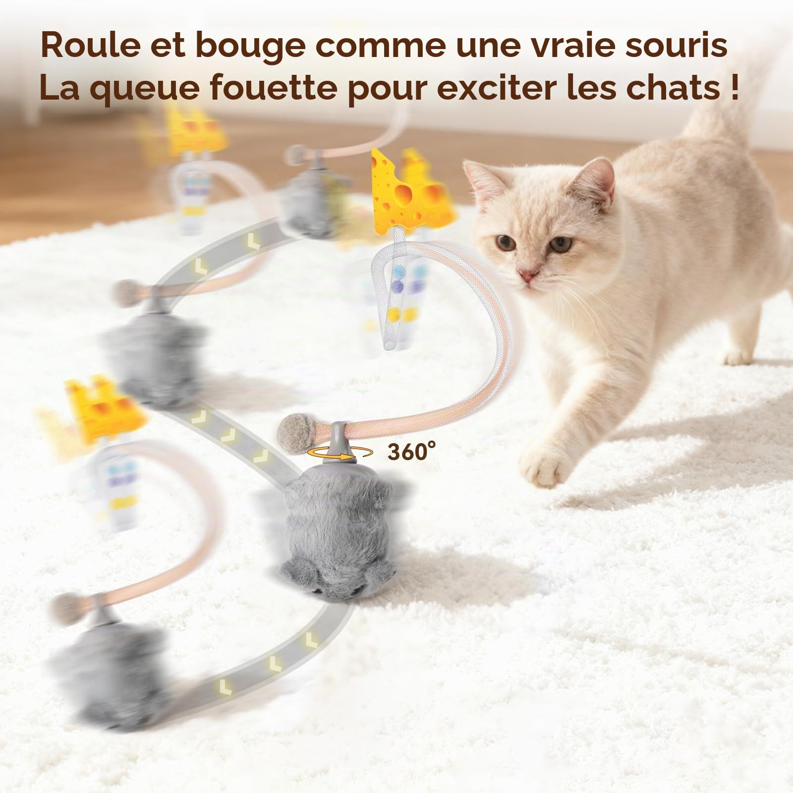 Migipaws Jouet interactif pour Chat, Souris électrique roulante avec Queue Qui remue, capteur Intelligent, couinement, Jouet pour Chat avec Herbe à Chat, Rechargeable