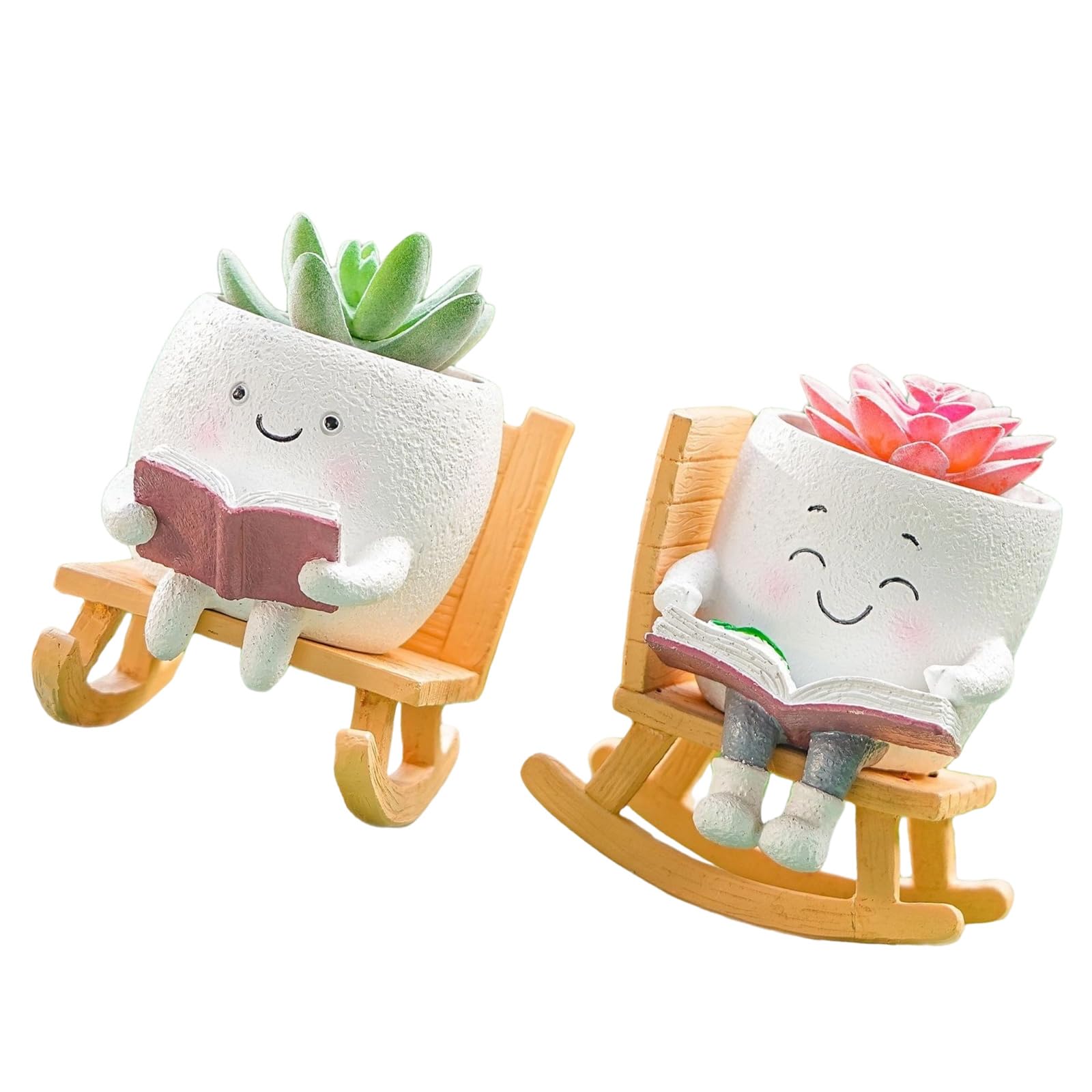 Kaeltsyn Sit Rocking Chair Succulents Flower Pots with Drain Hole Smiles Faces Planter Pots Cartoon Resin for Indoor Succulents Planter