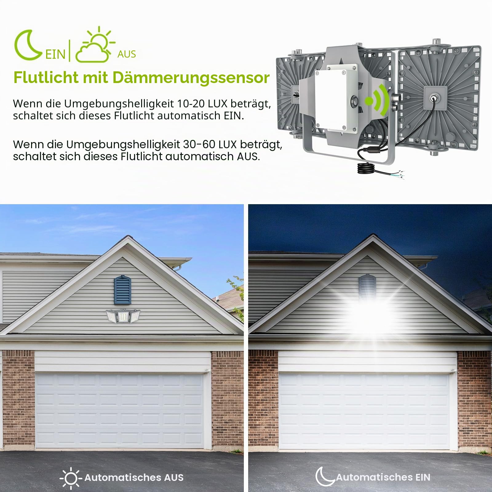 STASUN 150W Dämmerungssensor LED Flutlicht Außen,15000LM 6000K Außenbeleuchtung mit Fotozelle,IP66 Wasserdicht,3 Köpfe Verstellbare Weitwinkel-Außenbeleuchtung für Parkplatz,Garten