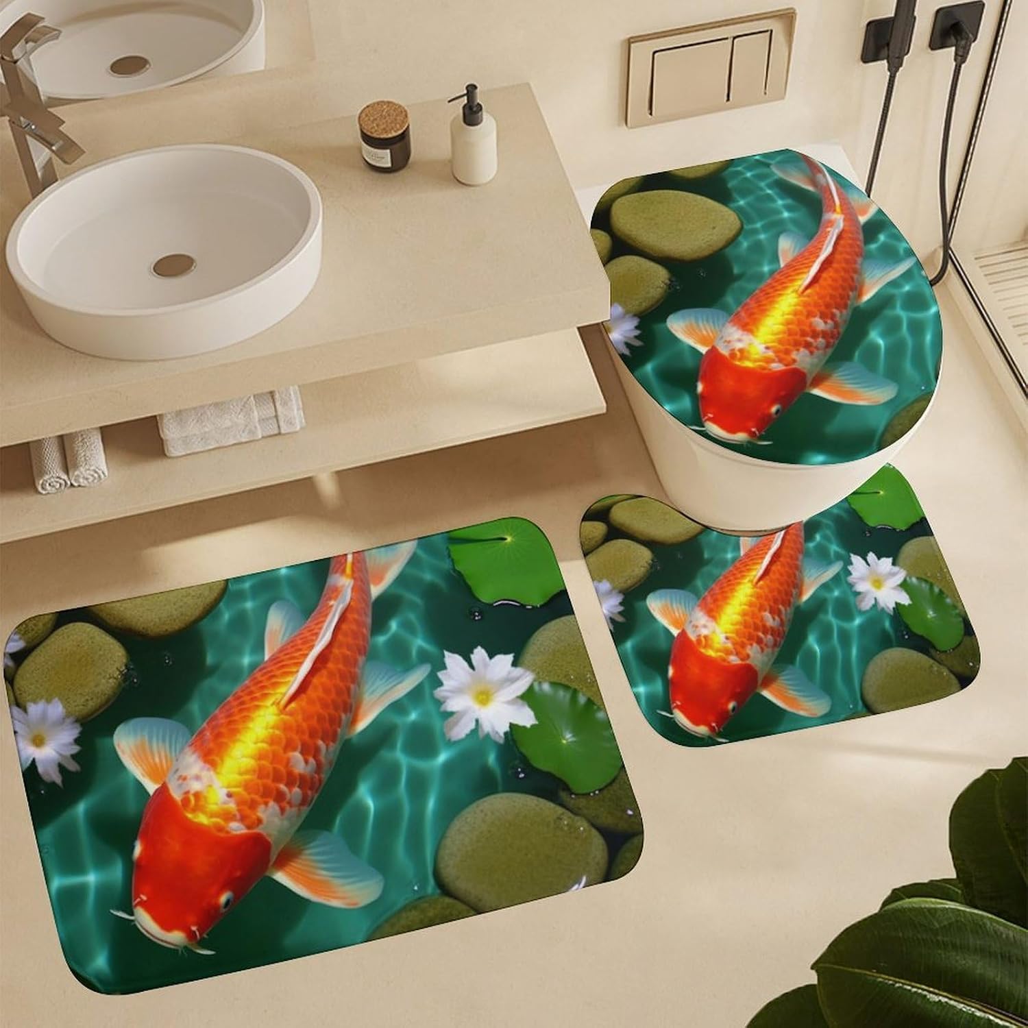 Anti-Skid Floor Mats 3 Piece Set,Japanese Carp Printed Coral Fleece Bathroom Mats U-Shaped Contour Mat Toilet Seat Cover for Bathroom, Tub, Shower, Kitchen 19.7"x31.5"