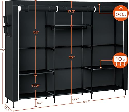 Miniatura 3 de Armario portátil, armario de 81.1 pulgadas de capacidad extra grande con cubierta, organizador de almacenamiento de ropa con estantes y 3 varillas