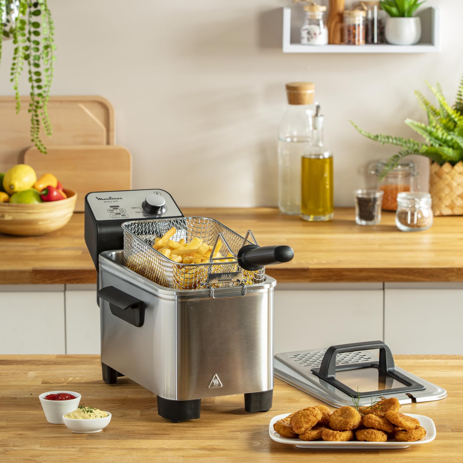 Moulinex Easy Pro AM338070 - Freidora 2300 W de 3 litros con cuba extraíble de acero inoxidable apta para lavavajillas, con 2 niveles de cocción, termostato regulable y ventana transparente