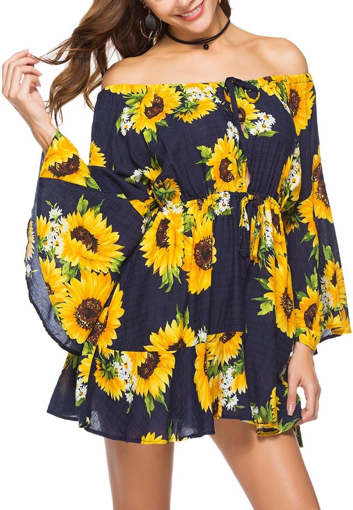 iBaste Women's Bohemian Style Sunflower Print Loose Fit Off Shoulder Holiday Dresses Long Sleeve Beach Mini Dress