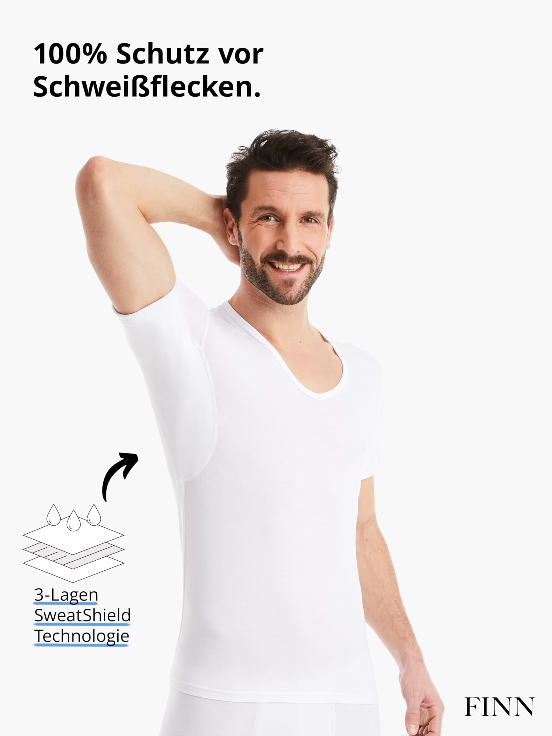FINN Anti-Schweiß Shirt Herren V-Ausschnitt integrierte Achselpads gegen Starkes Schwitzen Unterhemd Schutz Schweißflecken Schweißgeruch