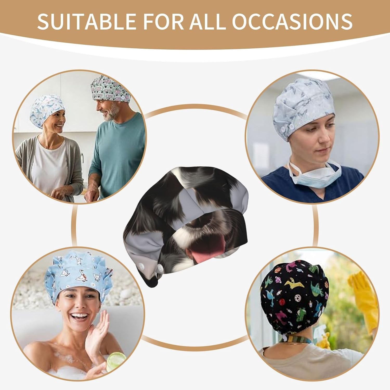 Border Collie Bouffant Cap with Buttons, Sweatband Cap Black