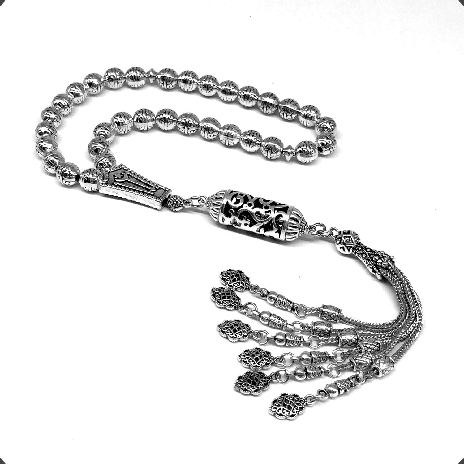 ALBATROSART -Antique Silver Plated Collection- (33 Beads) Worry Beads-Prayer Beads-Tesbih-Tasbih-Tasbeeh-Misbaha-Masbaha-Subha-Sebha-Sibha-Rosary (Metal Tassel 8mm 33 Beads)