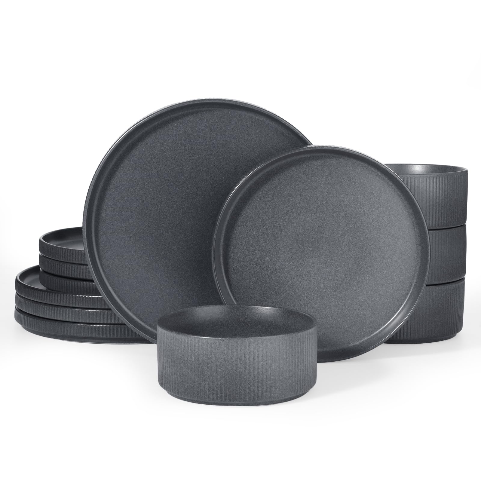 Richmount Star Plates and Bowls Set, Stoneware 12 Pieces Dinner Set for 4, Dinnerware Sets with Dinner Plates/Salad Plate/Cereal Bowls, Dishwasher & Microwave Safe, Matte DarkCharcoal