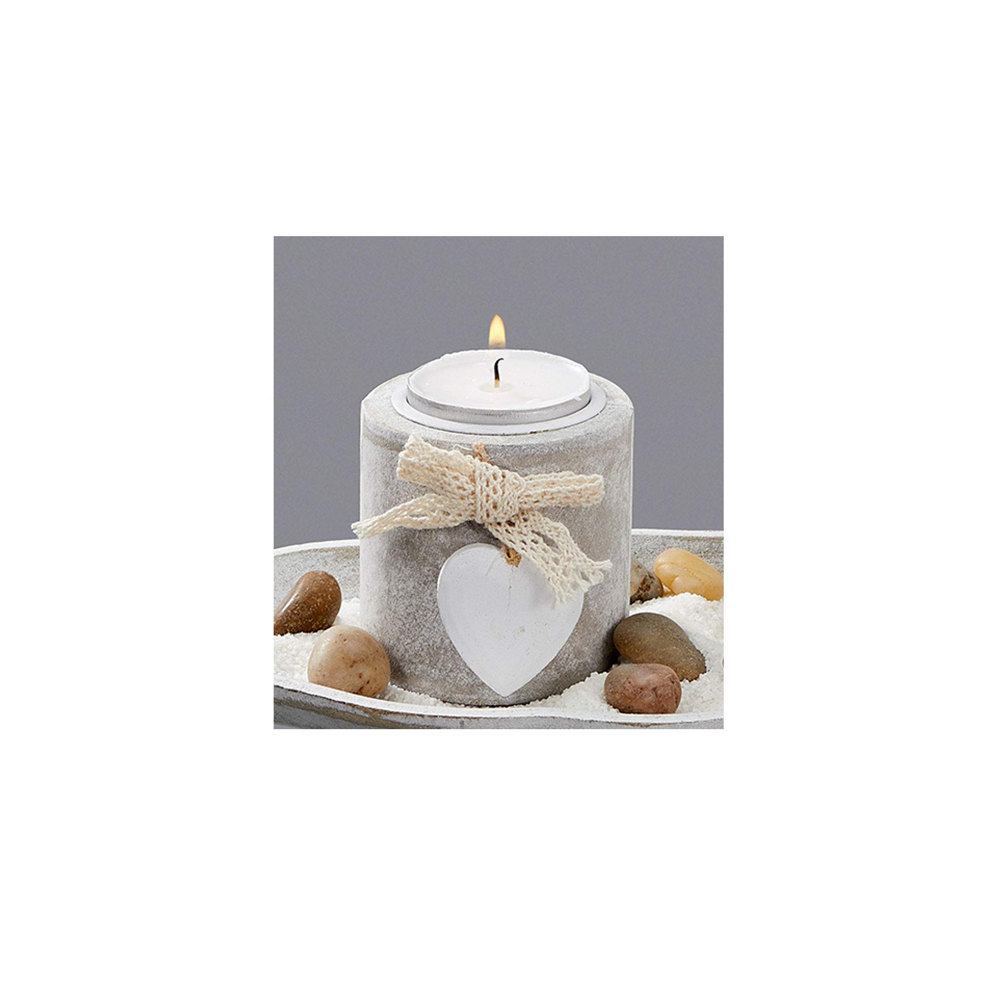 Cepewa, Maritimes - Set portacandele in bianco anticato su vassoio a forma di foglia, a forma di candela, con pietre, sabbia e cuori, decorazione per lumini, da spiaggia
