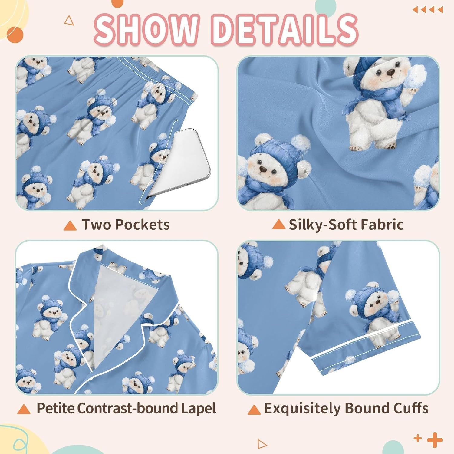 Kids Satin Wear Set Bear Wearing A Blue Winter Hat Pattern Relaxing Clothing Short Sleeve and Shorts