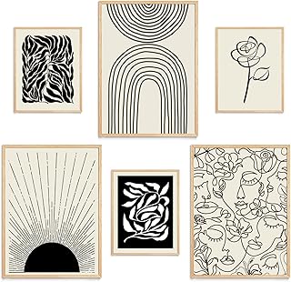 Beige Boho Wall Art Set of 6, Black Abstract Neutral Geometric Gallery Wall Art Prints for Living Room, Modern Minimalist Line Artwork Posters , Boho Sun Wall Decor for Bedroom, Bathroom, Office, Home (UNFRAMED)