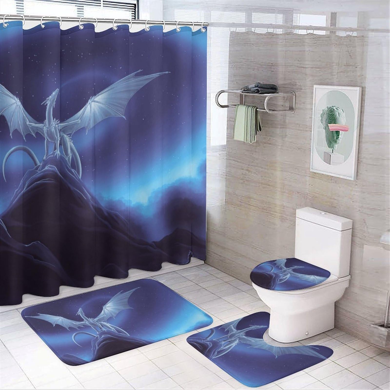 CGSBNGHA Flying Dragon Shower Curtain Set 4 Piece Bathroom Sets with Rugs Toilet Lid Cover And U-Shaped Floor Mat