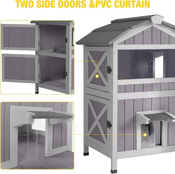 Aivituvin Outdoor Cat House,Two-Story Feral Cat Shelter,Weatherproof Cat Enclosure for Winter with Escape Doors