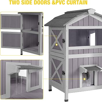 Aivituvin Outdoor Cat House,Two-Story Feral Cat Shelter,Weatherproof Cat Enclosure for Winter with Escape Doors