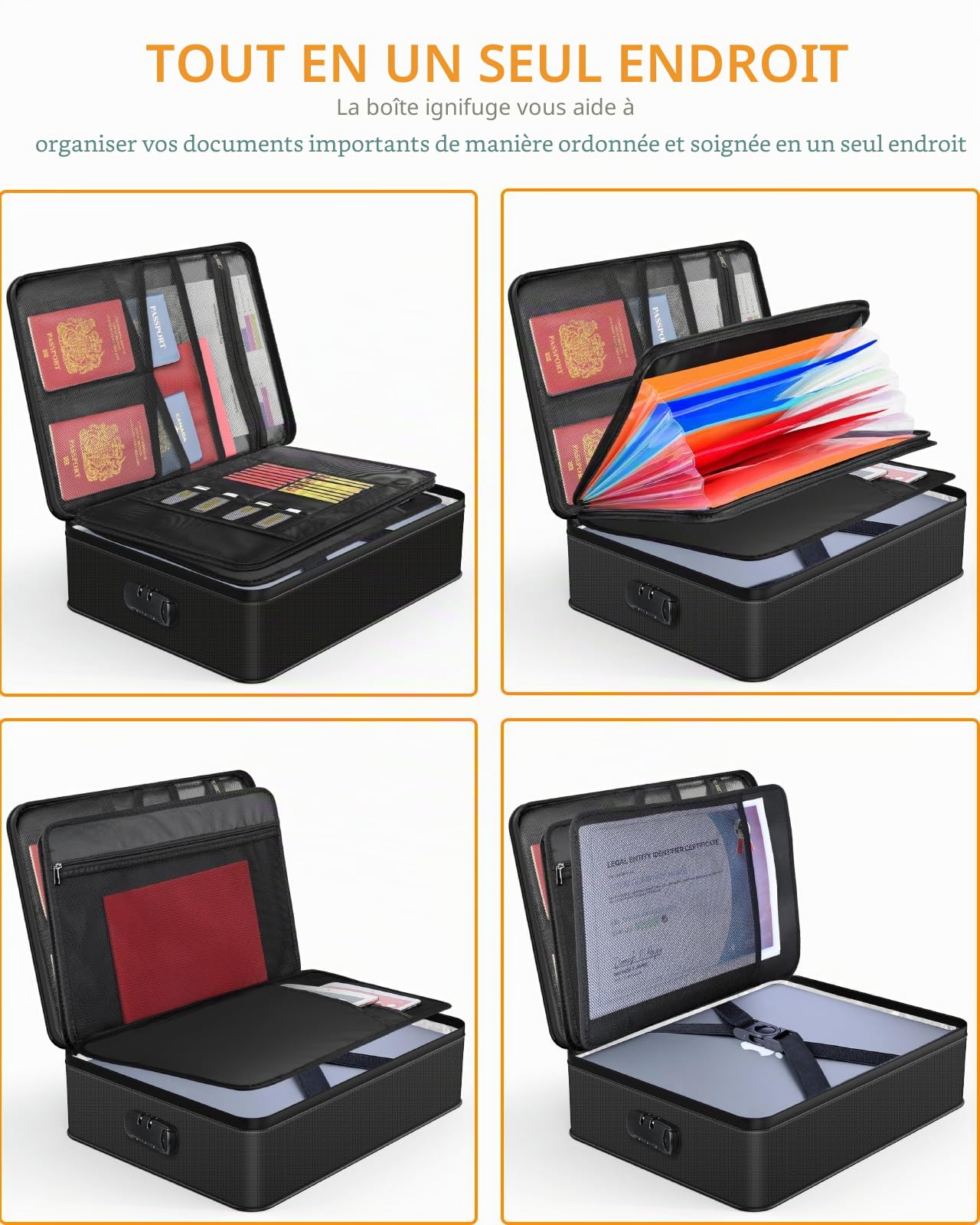 JUNDUN Organisateur de documents avec isolation thermique de 5200 ℉, porte-documents ignifuge avec serrure, boîte de rangement pour documents avec 7 compartiments, organiseur de dossiers