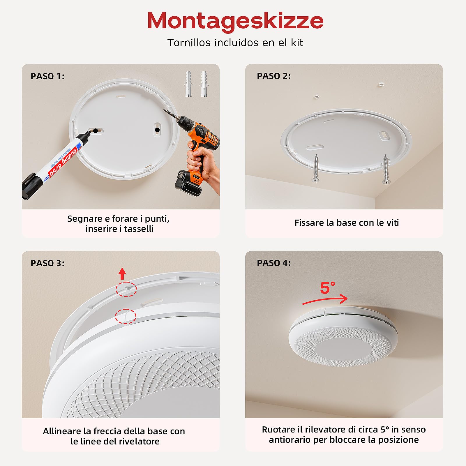 Safeliveo Rilevatore di fumo WiFi con batteria da 10 anni, notifiche tramite app e auto-test, allarme antincendio intelligente compatibile con Tuya & Smart Life, 3 pezzo