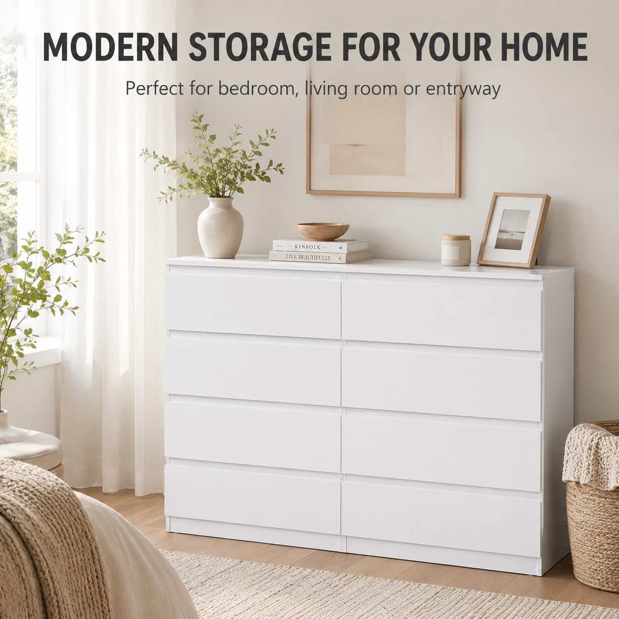 Sovas Cómoda Blanca de 8 Cajones, Cómoda Grande de 120 cm con Amplio Almacenaje, Mueble con Cajones Moderno para Dormitorio, Salón y Entrada, Aparador de MDF Melaminado, 120 x 40 x 98 cm