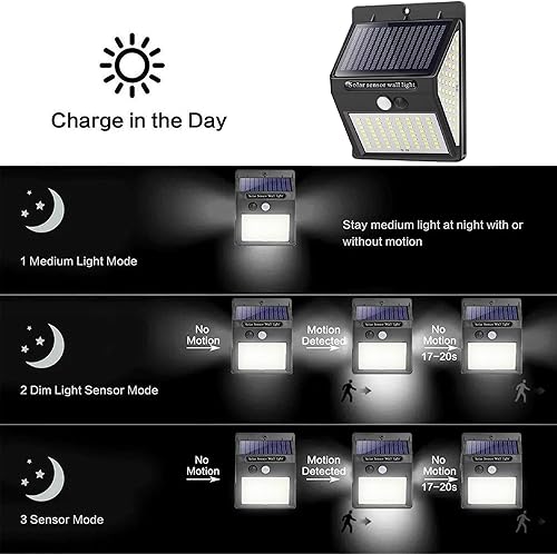 Miniatura 5 de Luces solares para exteriores, 3 modos144 LED con sensor de movimiento solar, luces de seguridad inalámbricas IP65 impermeables con gran angular,