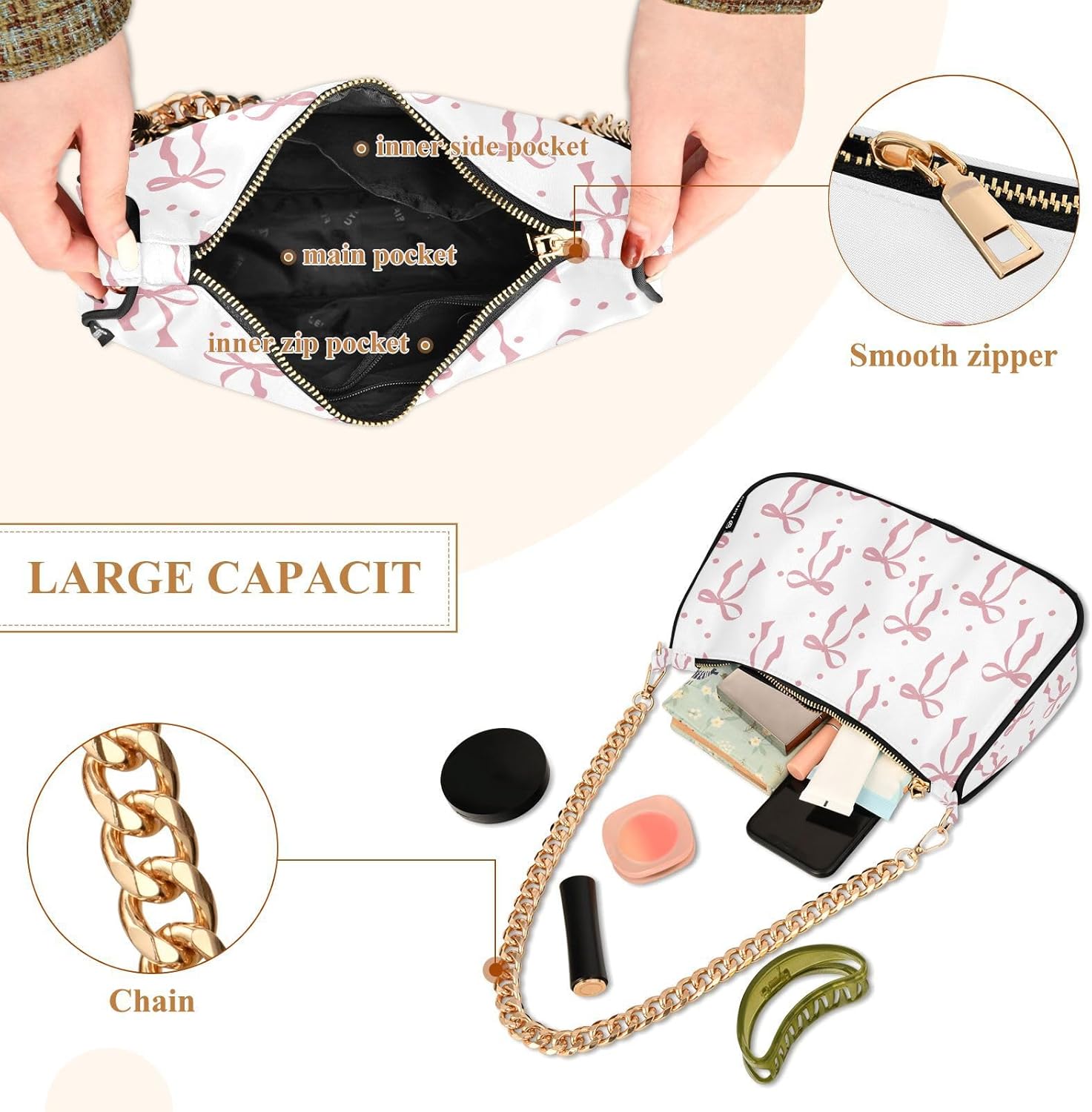 Ribbon Polka Dot Bow Chain Shoulder Bag Hobo Tote Handbag Mini Clutch Purse with Zipper Closure for Women