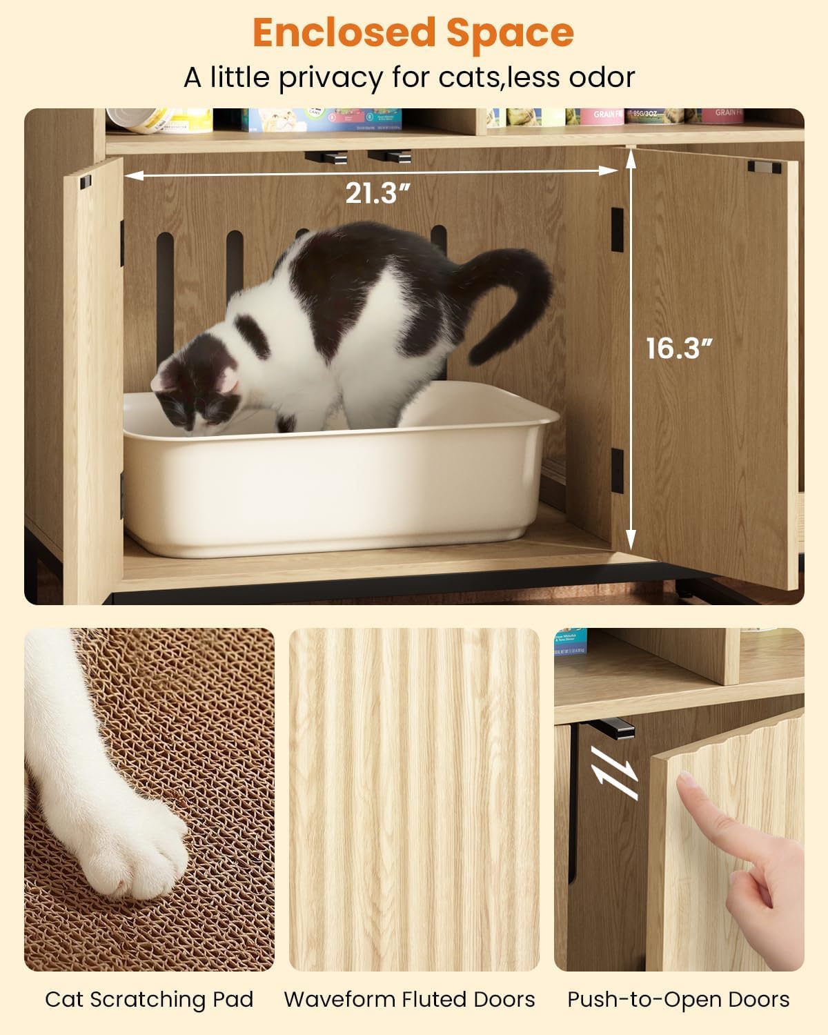 Cat Litter Box Enclosure, Large Hidden Pet Storage Cabinet Furniture with Waveform Fluted Doors & Scratching Pad, Modern Wooden Cat House Indoor for Washroom, Living Room, Bedroom, Natural
