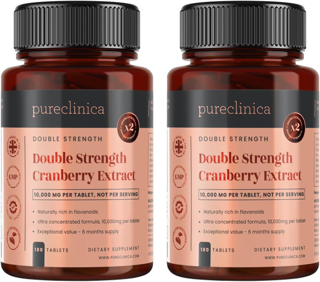 pureclinica Double Strength Cranberry Extract 10,000mg x 360 Ultra Concentrated Tablets (2 Bottles of 180) - 12 Months Supply!