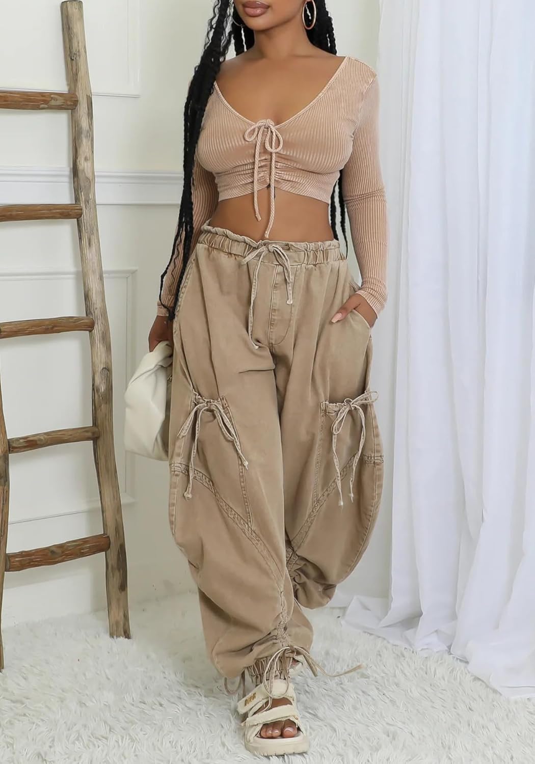 LETSVDO Women's Baggy Cargo Jogger Jeans High Waisted Wide Leg Drawstring Bow Pockets Loose Harem Denim Pant Sweatpants - Image 5