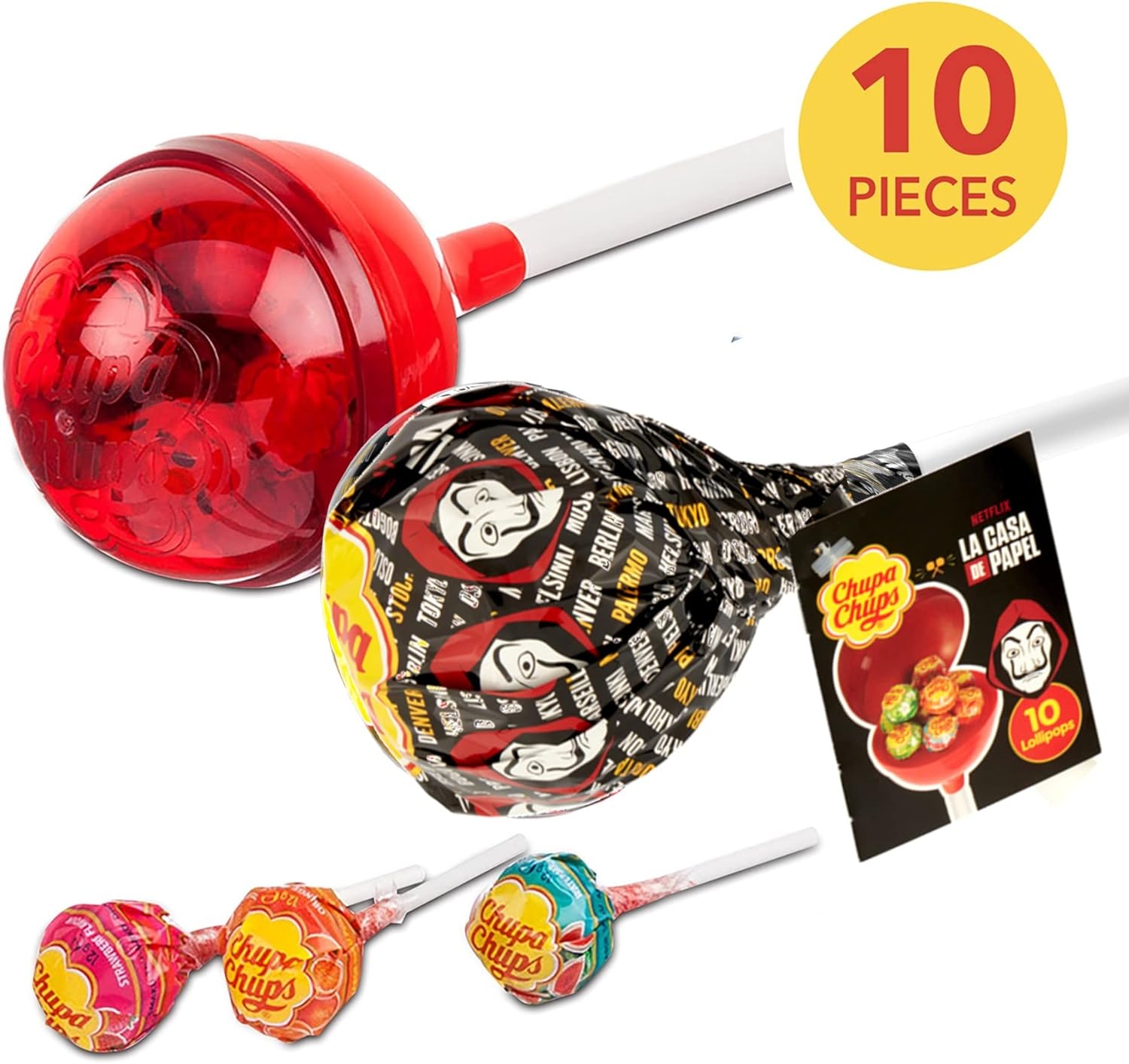 Chupa Chups Mega Chups Casa de Papel, Lollipop Mega Contenente 10 Lollipop Gusti Assortiti Fragola, Arancia, Mela, Ciliegia, Anguria, Limone, Ottimo come Idea Regalo per Compleanni e Feste, 1 Pezzo Mega Casa de Papel 1 Unità (Confezione da 1) Single - Immagine 2