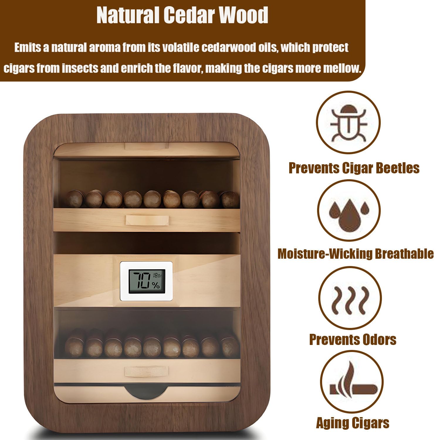 Zigarrenhumidor aus Zedernholz, elektrischer Zigarrenschrank mit digitalem Hygrometer, geräuschloser, konstanter Humidor mit 110 Fassungsvermögen, Zigarrenkühler-Humidor für Männer C(withsunroof)