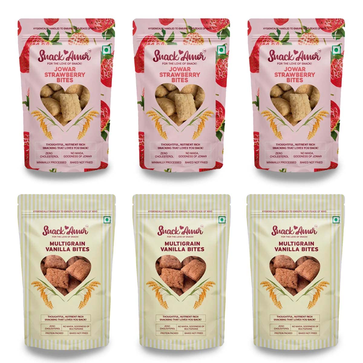 SnackAmor Multigrain Vanilla Bites & Jowar Strawberry Bites Combo Pack of 6 | School Snacks Delight | Healthy Snacks for Kids and Adults (Multigrain Vanilla Bites Pack of 3, Jowar Strawberry Bites Pack of 3)