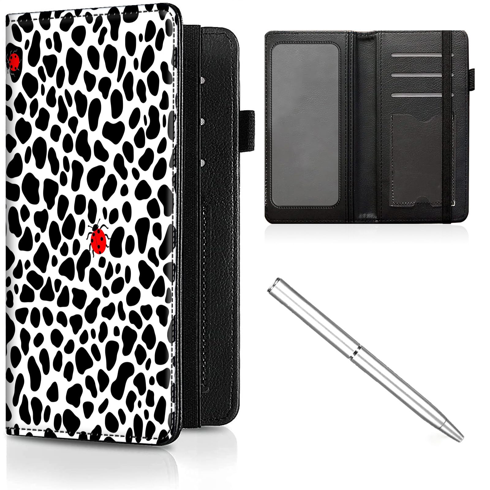 CheckBook Cover for Women Men,Leather RFID Blocking Check Book Wallet,Personal Checkbook and Register,with Credit Card Slot & Elastic Strap and Women's Checkbook Covers,Ladybug Black White cow print
