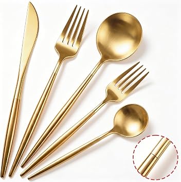 Modern Gold silverware Set,Premium 18/10 Stainless Steel,Heavy duty,Sturdy,Sharp Practical steak knives,Matte gold Handle,Mirror Polished Finish,Kitchen Essential, golden