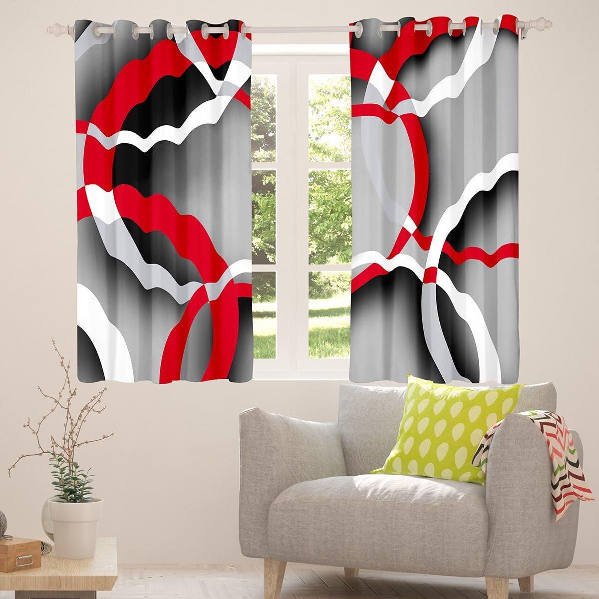 Feelyou Geometric Curtains for Bedroom Living Room Retro Circle Blackout Window Curtains for Kids Boys Girls Abstract Art Window Drapes Grey Red Black Window Treatments, 52x84 Inches,2 Panels