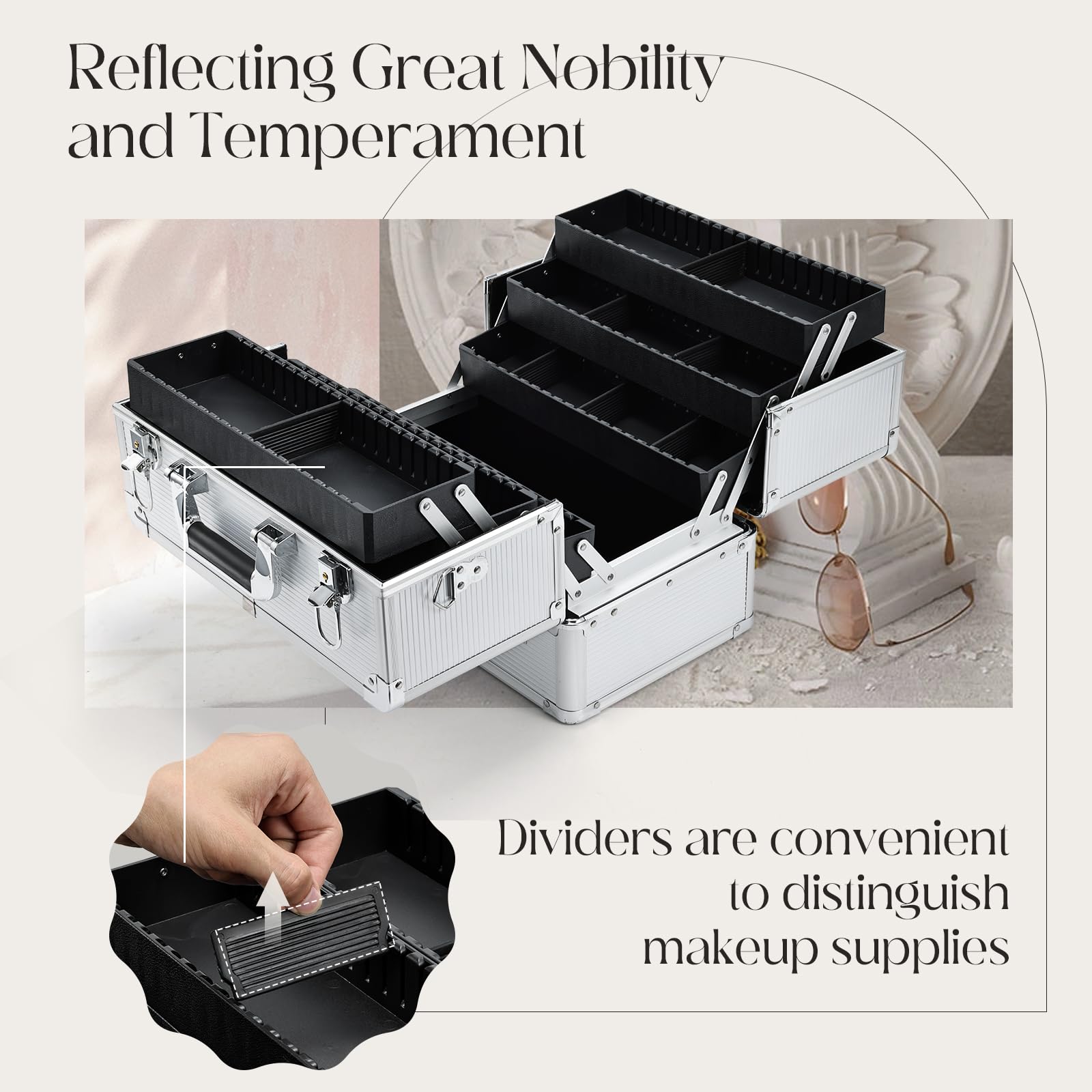 Joligrace Makeup Case Nail Case Vanity Case Professional Makeup Storage Boxes Manicure Jewellery Cosmetic Box Organizer with Shoulder Strap Beauty Travel Case Silver - 3
