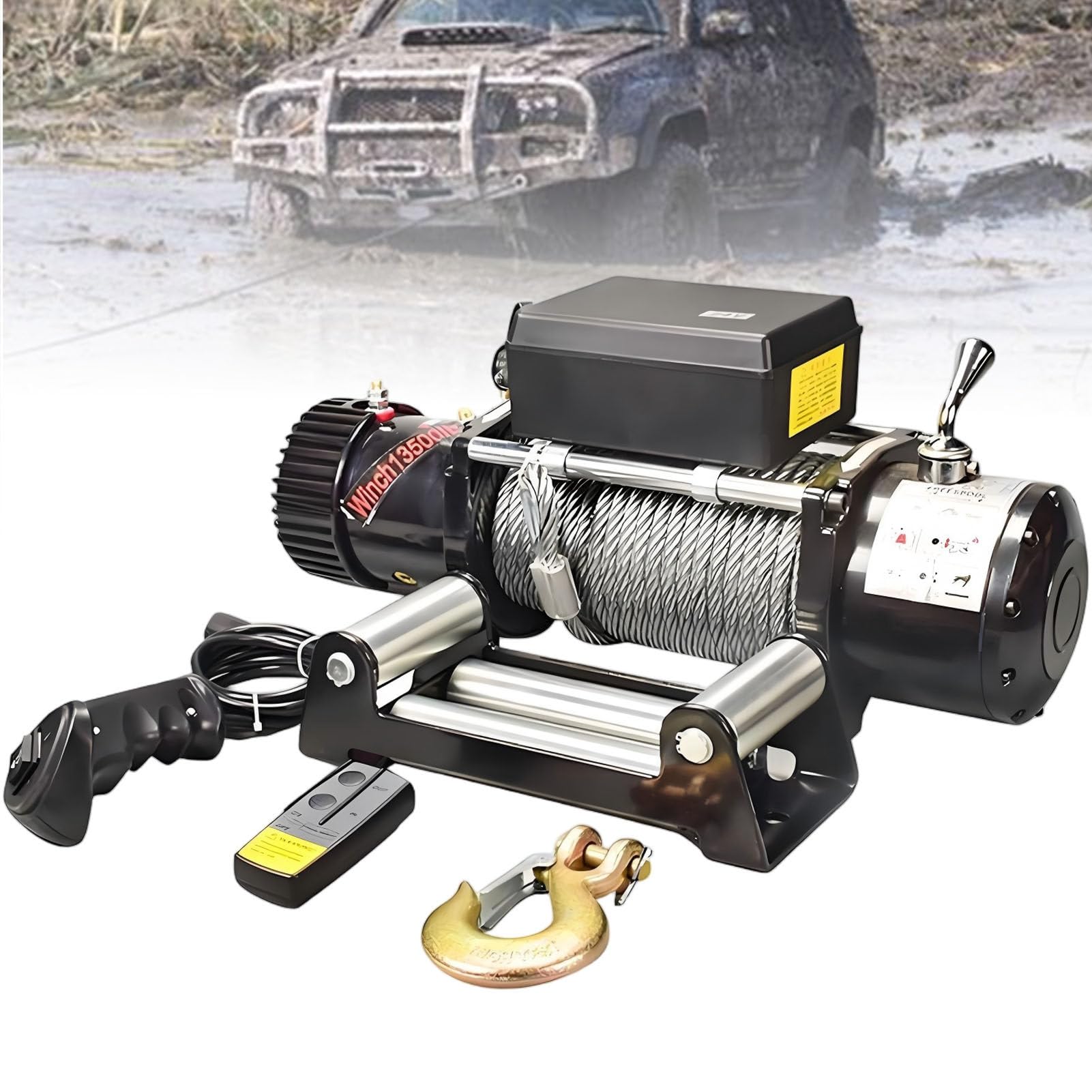 Zestaw wciągarki elektrycznej 12V-3000LBS | Wodoodporna (IP67) wciągarka elektryczna 12V/24V ze sterowaniem; do ciężarówek, SUV-ów, pojazdów 4WD
