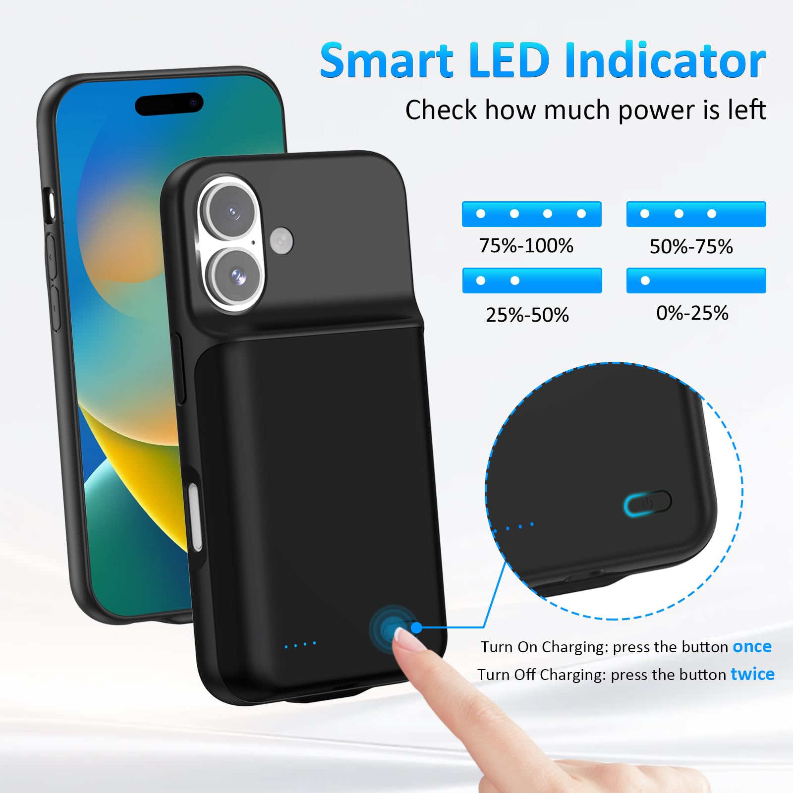 Akkuhülle für iPhone 16(6,1 Zoll), 8500mAh Tragbares Ladegerät iPhone Ultradünn Erweiterter Akku Hülle Telefonladegerät und Schutzhülle mit Ladefunktion für iPhone 16- Schwarz
