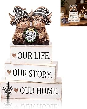 4 PCS Highland Cow Ornaments, Natural Wood Highland Cow Figurine Living Room Accessories, Farmhouse Home Decoration Ornaments for Shelf Coffee Table Bedroom Indoor Decor, Keep Love at Home