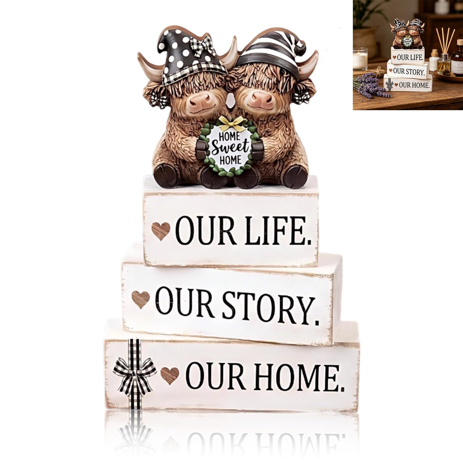Xutanek 4 PCS Highland Cow Ornaments, Natural Wood Highland Cow Figurine Living Room Accessories, Farmhouse Home Decoration Ornaments for Shelf Coffee Table Bedroom Indoor Decor, Keep Love at Home