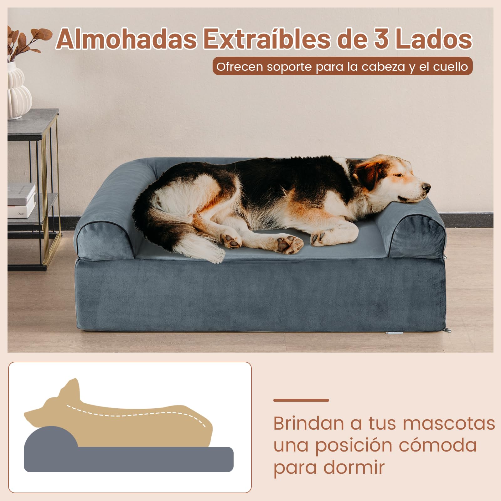 COSTWAY Cama Perro Grande, 100x81x30,5 cm, Cama Ortopédica para Perros con Espuma Viscoelástica y Reposacabezas, Base Antideslizante, Desenfundable y Lavable, Sofá Perro Desmontable, Mascotas, Gris