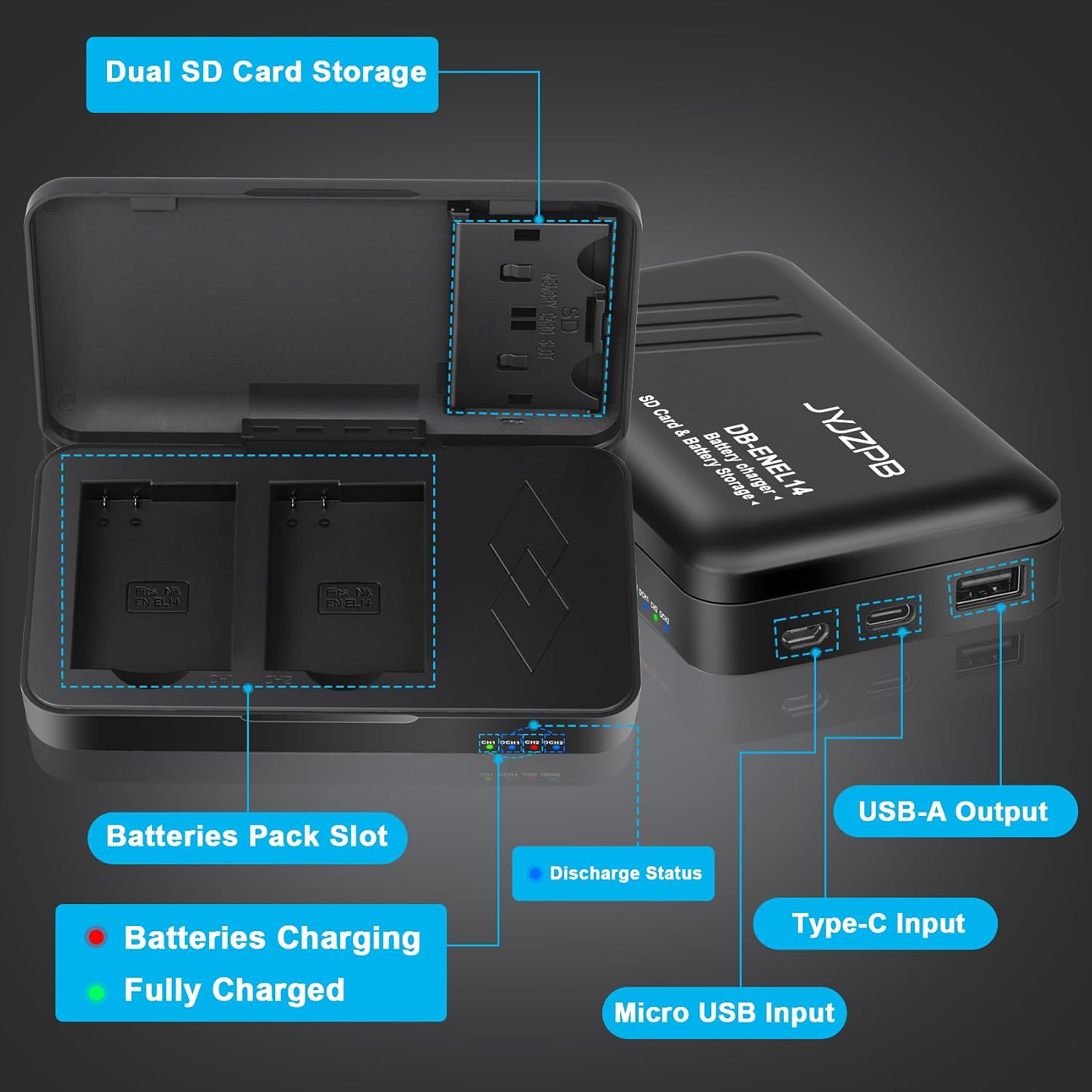 JYJZPB EN-EL14 EN-EL14A Battery and Charger for Nikon D3200, D3100, D3300, D3400, D3500, D5600, D5200, D5300, Coolpix P7000, P7100, P7800, DF Camera