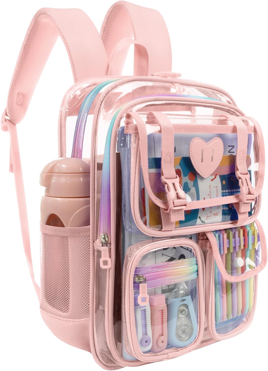 Clear Backpack for Girls Women Heavy Duty Transparent Bookbag School Backpack with Mesh Pockets Stadium Approved See Through Backpack (Pink) - Image 2