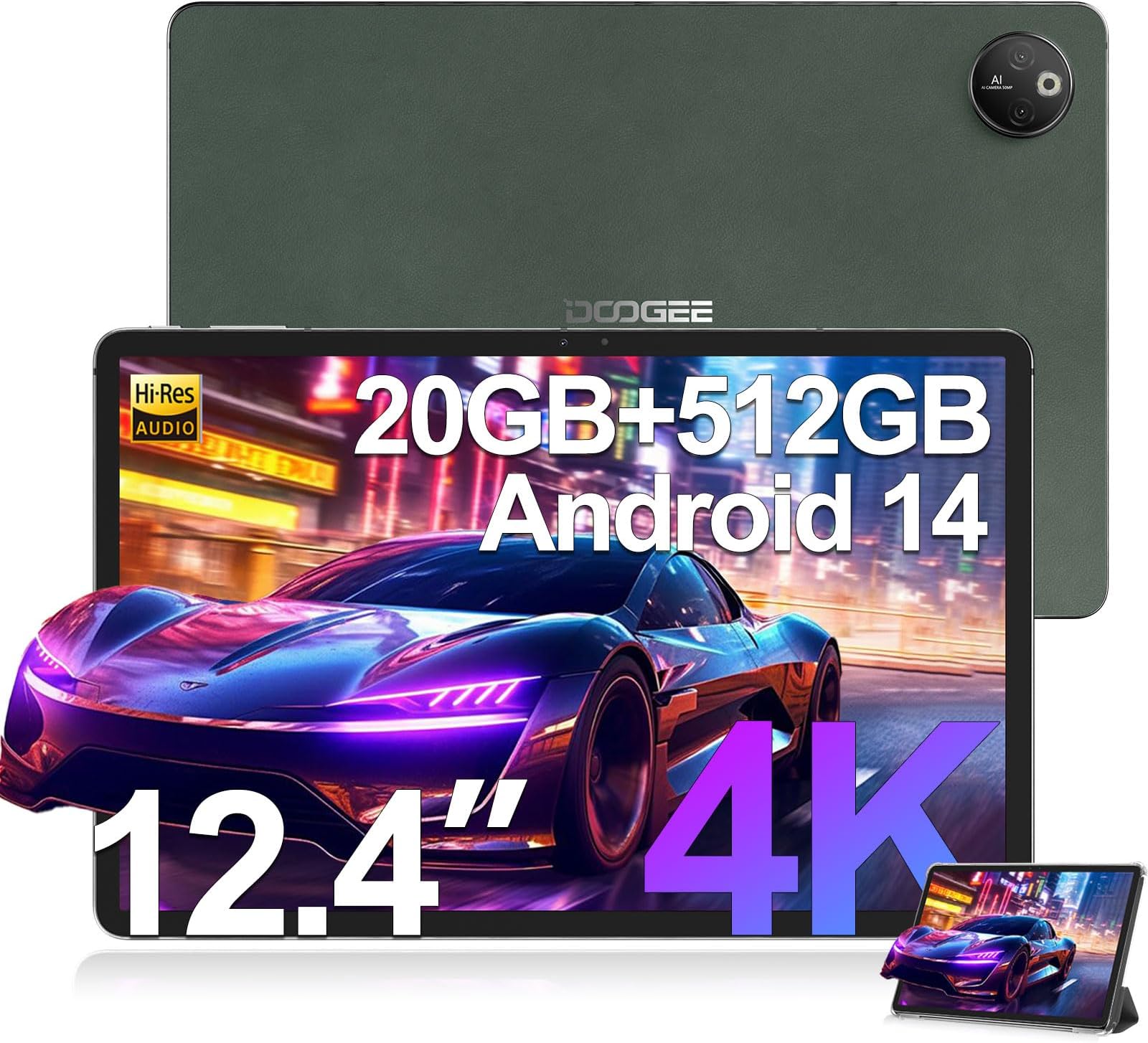 DOOGEET30 Max Tablet 12.4 Inch 4K, Android 14 Tablet, 20GB RAM + 512GB ROM (2TB TF), Helio G99 Tablets with 10800mAh Battery and 33W Fast Charging, 50MP+20MP TUV Certified, Side Fingerprint, Green