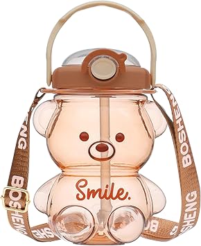 Kawaii Water Bottle with Straw and Strap, 1L Cute Bear Water Bottles Portable Leakproof BPA-Free Plastic Drinking Cups for Kids Girls Women Sports Camping Picnic Hiking Travel, Sports