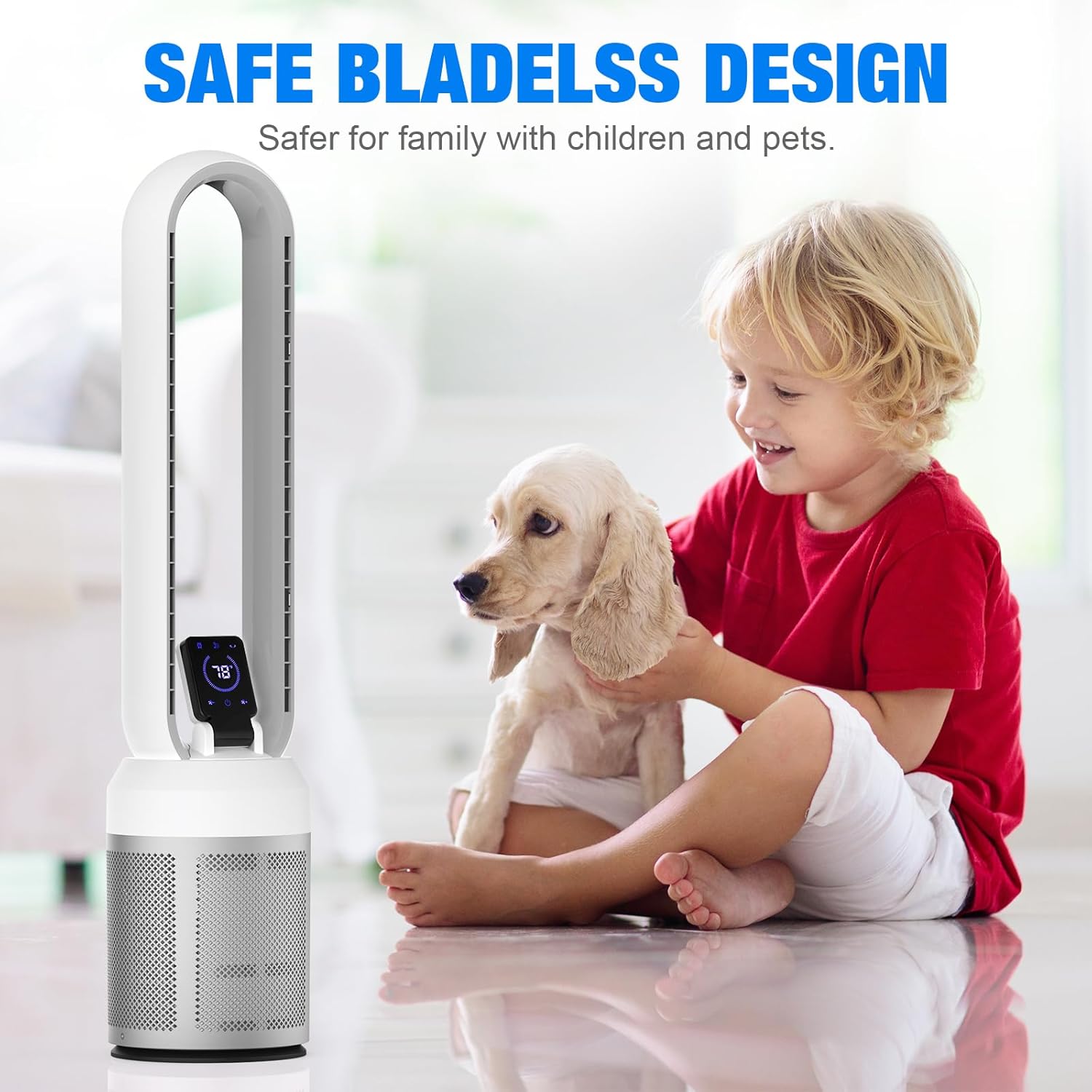A child and a puppy sitting safely near the advwin bladeless fan