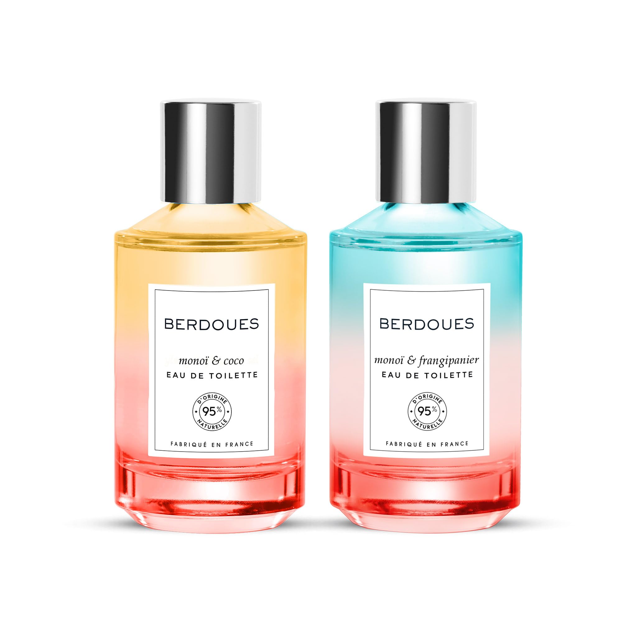 BERDOUES - Eau de Toilette Monoï & Frangipanier + Eau de toilette Monoï & Coco, Lot Solaire et Exotique, Parfum femme, Vegan, Made in France, flacon 2x100ml