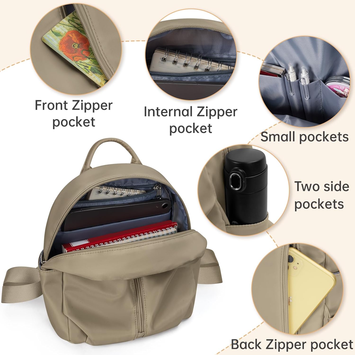 Mini Backpack for Women, Cute Light Weight Backpack, Ladies Purse Backpacks, Casual Daypack for Daily Travel, Khaki - Image 2